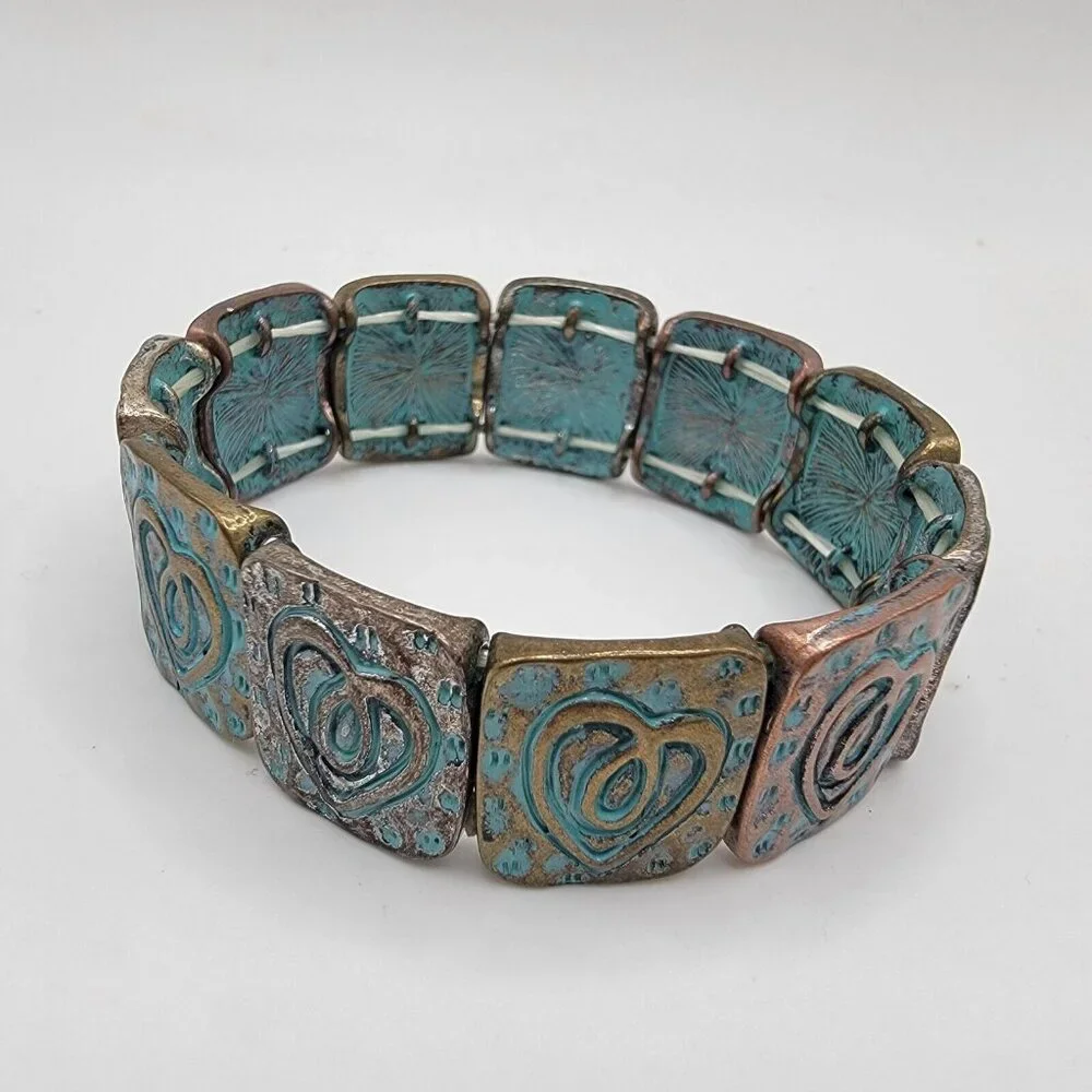 Vintage Chunky‎ Link Patina Bracelet Blue MOD Rare Artisan Statement Stretch